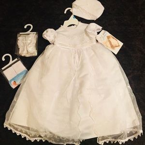 Ivory Baptism Gown Baby Bonnet, Socks, Booties NEW